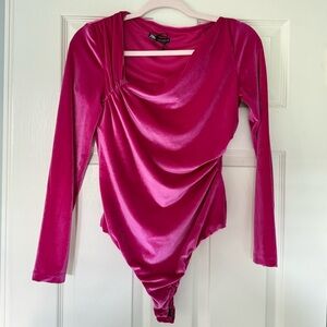Zara Velvet Bodysuit Fuchsia Pink Long Sleeve Draped Ruched Top